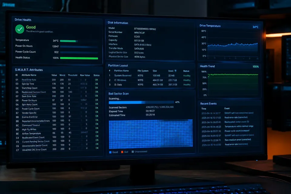 Computer workstation displaying a storage device diagnostic application with drive health status, SMART attributes and a bad-sector scan