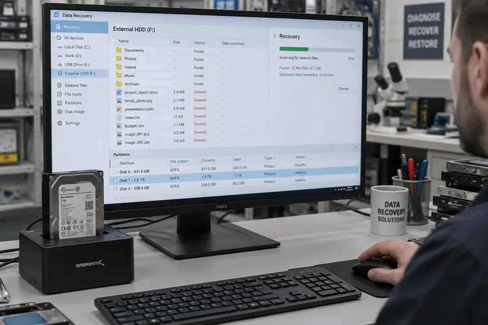 Data recovery workstation displaying deleted files, folders and disk partition information